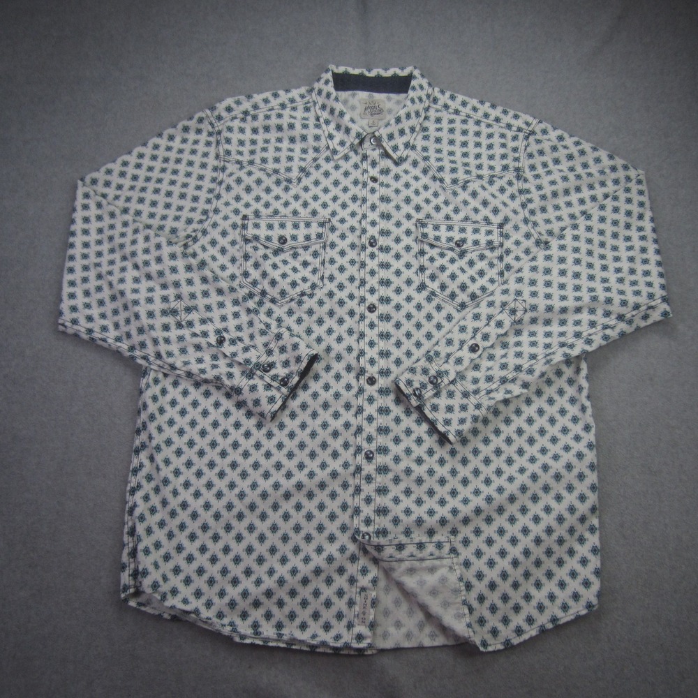 Moonshine Spirit Shirt‎ Mens Large White Geometric Print Pockets Western Snap